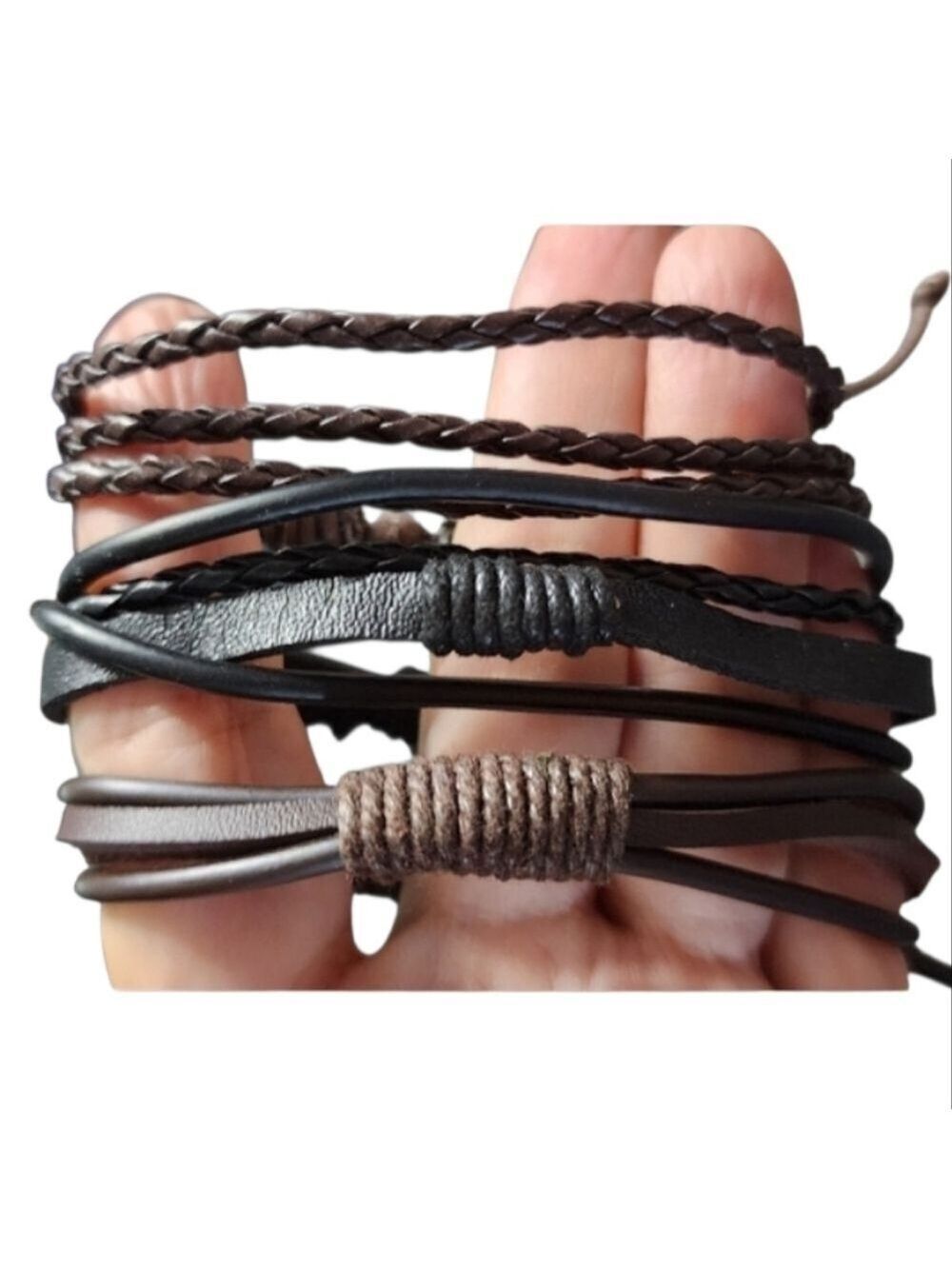 Men's Brown and Black Leather Bracelets- Set of 3